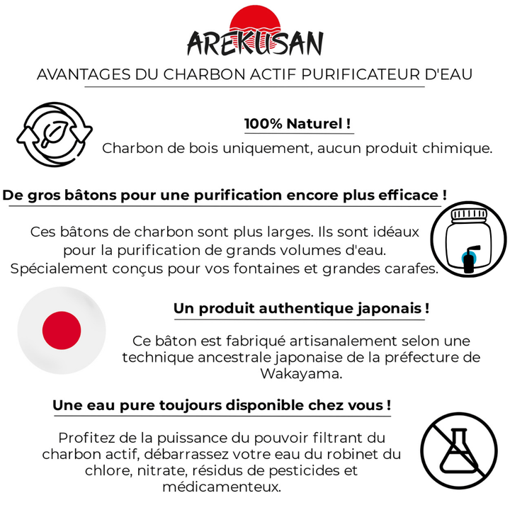 Boîte de 3 GROS bâtons de charbon actif purificateurs d'eau pour grandes carafes et fontaines